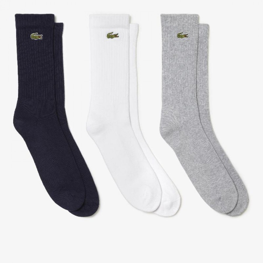 Calcetines Lacoste Sport Corte Alto Gris Blanco Azul 3 Pares